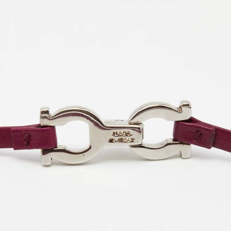 Pre Owned Salvatore Ferragamo Gancini Purple Leather Silver Tone Metal Double Wrap Bracelet