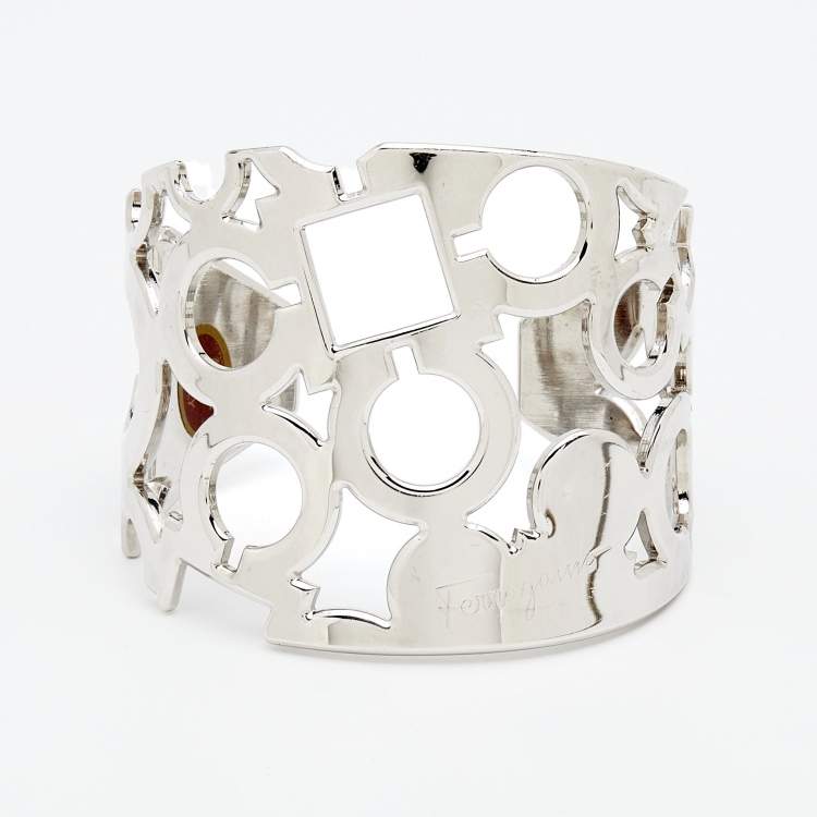 Pre Owned Salvatore Ferragamo Silver Tone Gancini Wide Cuff Bracelet