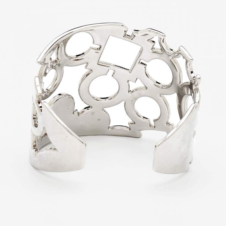 Pre Owned Salvatore Ferragamo Silver Tone Gancini Wide Cuff Bracelet