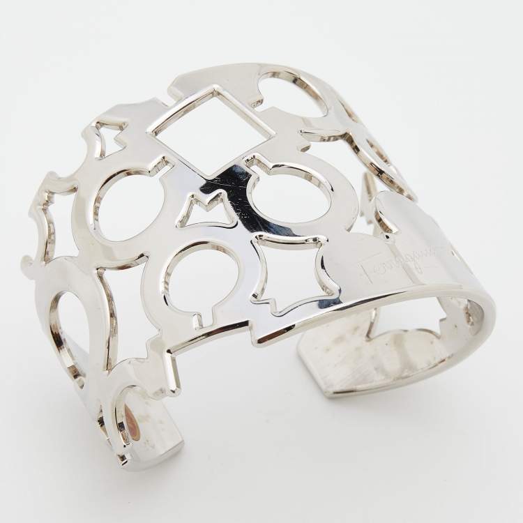 Pre Owned Salvatore Ferragamo Silver Tone Gancini Wide Cuff Bracelet