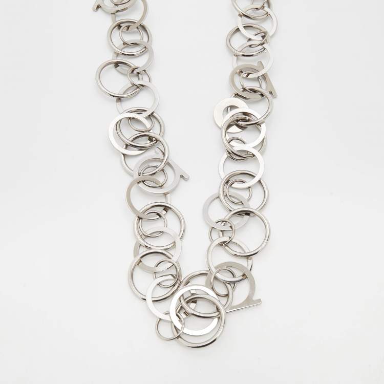 Pre Owned Salvatore Ferragamo Silver Tone Gancini Long Necklace