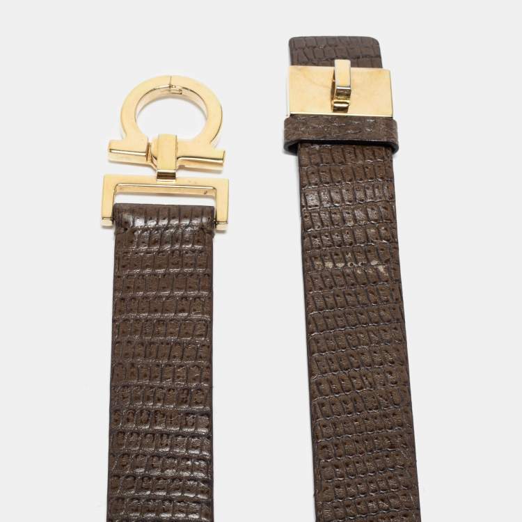 مملوكة مسبقًا Salvatore Ferragamo Green Lizard Embossed Leather Gancio Belt