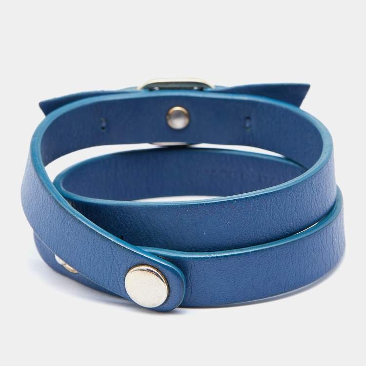 Pre Owned Salvatore Ferragamo Blue Leather Vara Bow Double Tour Bracelet