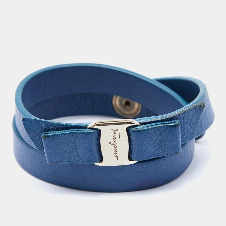 Pre Owned Salvatore Ferragamo Blue Leather Vara Bow Double Tour Bracelet