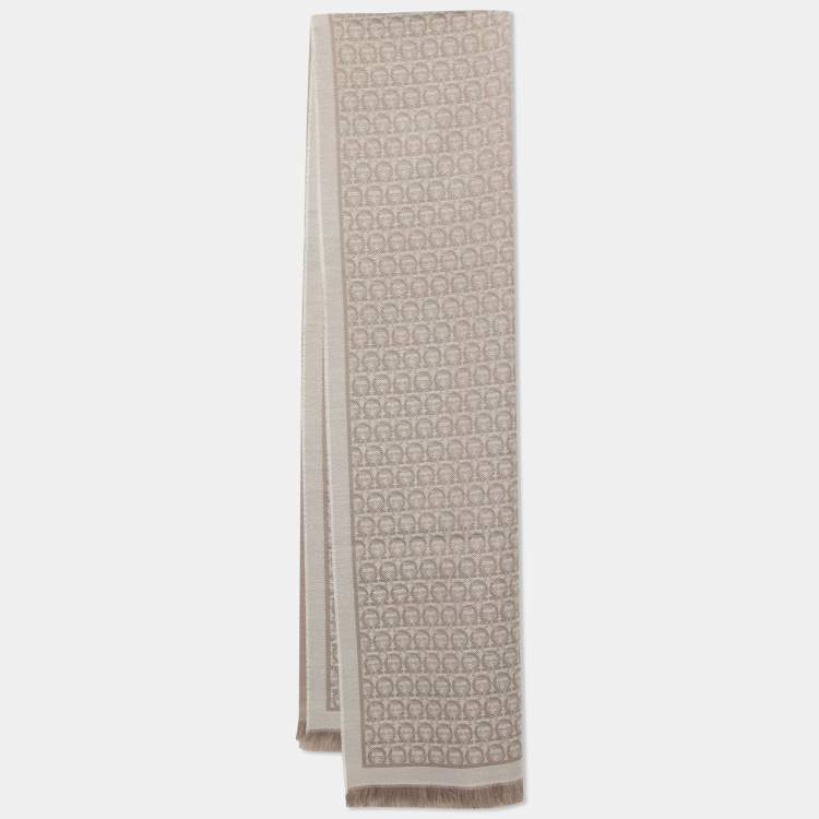 Pre Owned  Salvatore Ferragamo Beige Logo Jacquard Wool Shawl