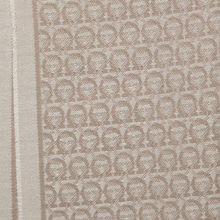 Pre Owned  Salvatore Ferragamo Beige Logo Jacquard Wool Shawl
