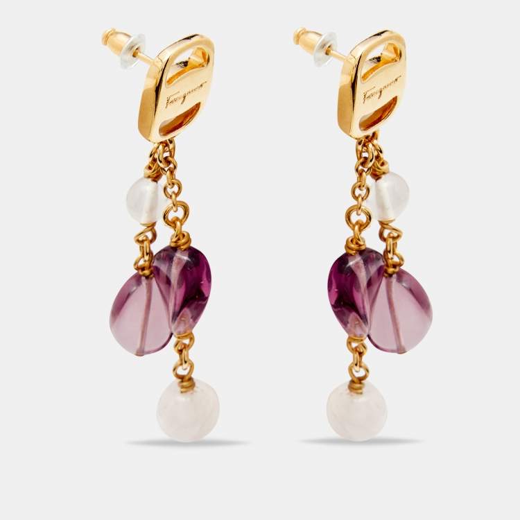 Pre Owned Salvatore Ferragamo Gold Tone Vara Bead Drop Earrings
