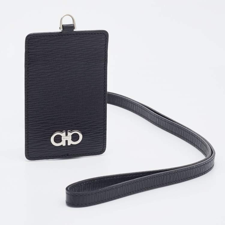 Pre Owned Salvatore Ferragamo Black/Blue Leather Lanyard ID Card Holder