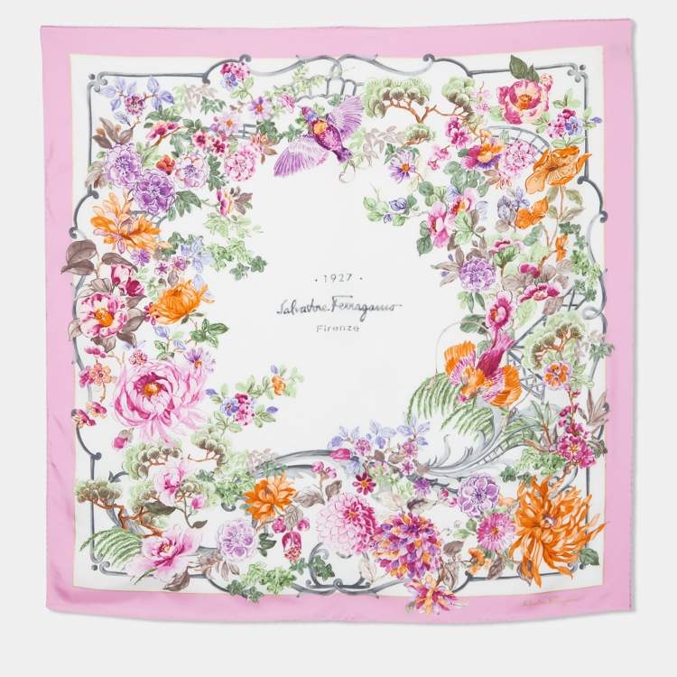 Pre Owned Salvatore Ferragamo Pink & White Floral Printed Silk Square Scarf