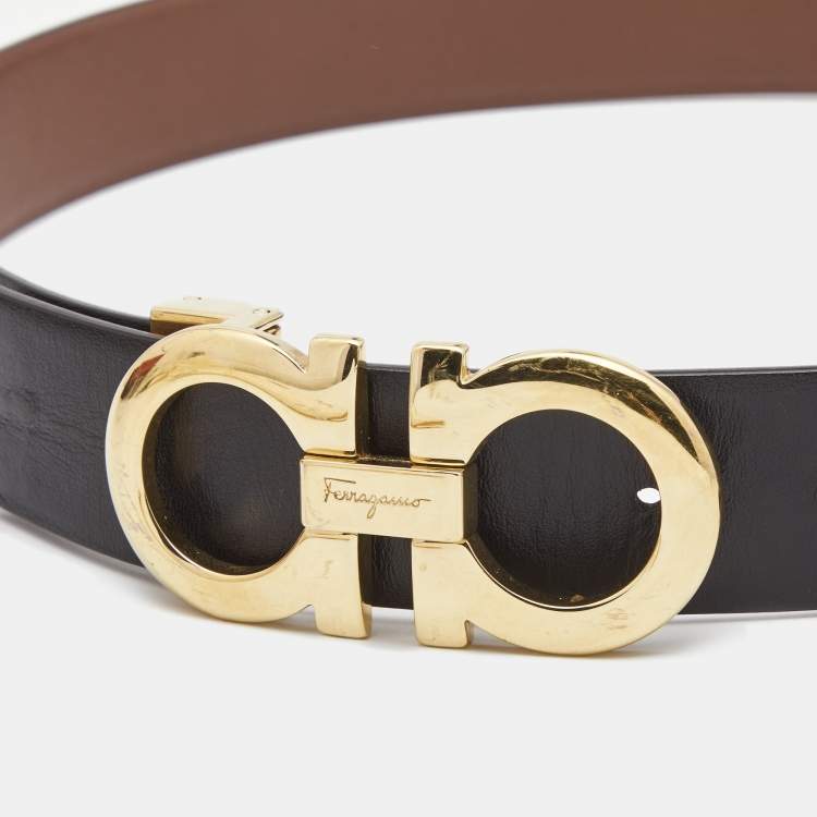 Pre Owned Salvatore Ferragamo Black/Brown Leather Gancini Reversible Cut to Size Belt 