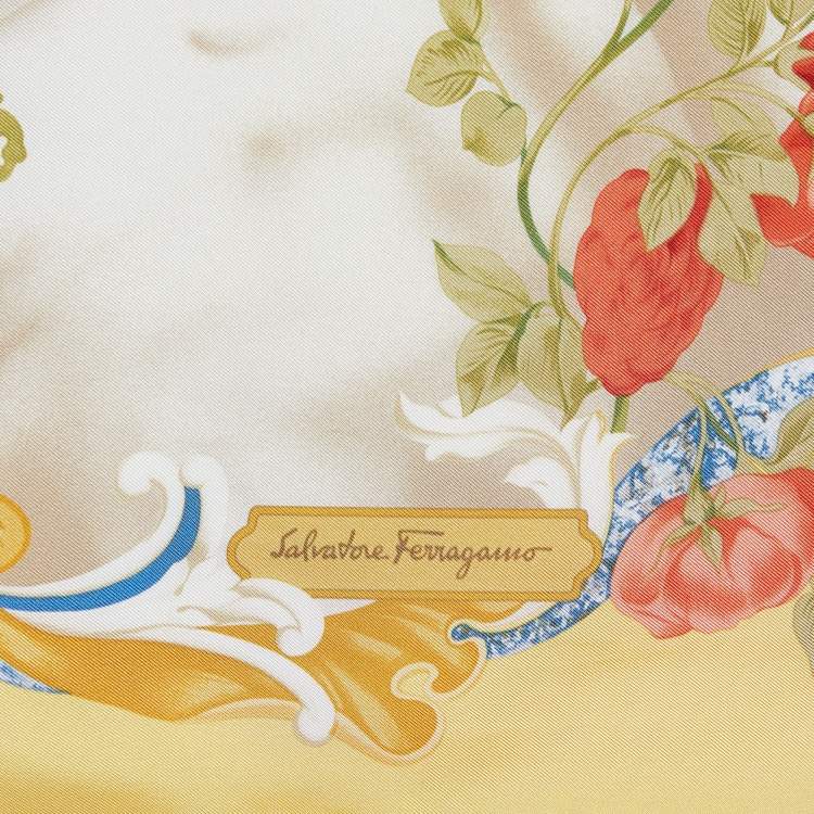 Pre Owned Salvatore Ferragamo Yellow Parrot Printed Silk Square Scarf