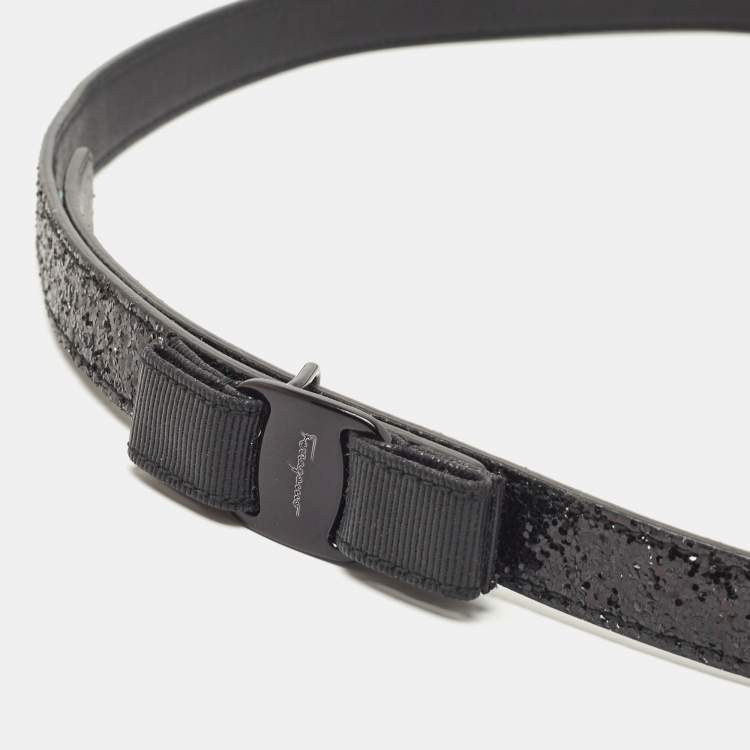 Pre Owned Salvatore Ferragamo Black Glitter Leather Vara Bow Waist Belt 