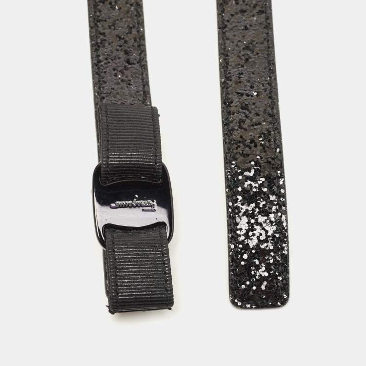 Pre Owned Salvatore Ferragamo Black Glitter Leather Vara Bow Waist Belt 