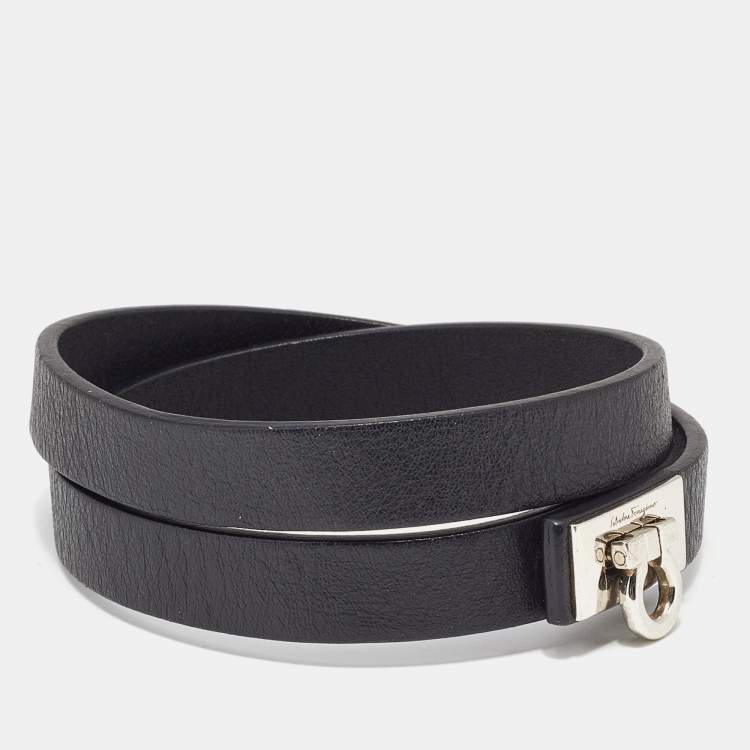 Pre Owned Salvatore Ferragamo Leather Silver Tone Wrap Bracelet