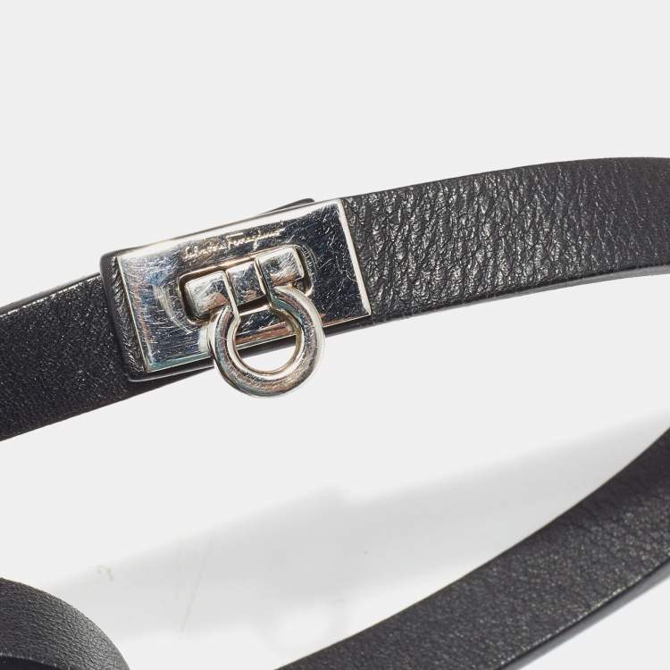 Pre Owned Salvatore Ferragamo Leather Silver Tone Wrap Bracelet