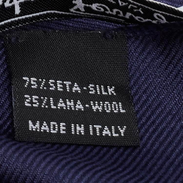 Pre Owned Salvatore Ferragamo Navy Blue Gancini Pattern Silk & Wool Stole 