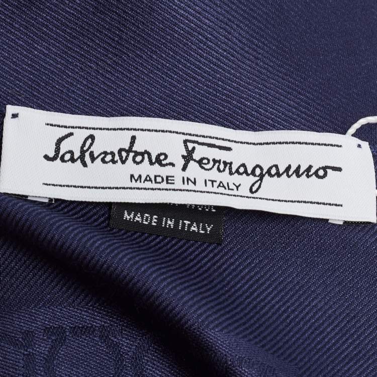 Pre Owned Salvatore Ferragamo Navy Blue Gancini Pattern Silk & Wool Stole 
