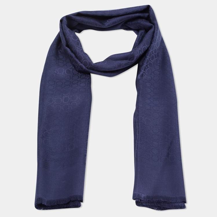 Salvatore Ferragamo Navy Blue Gancini Pattern Silk & Wool