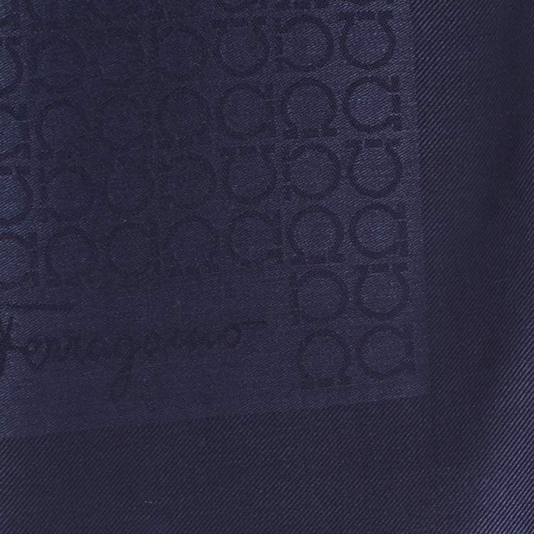 Pre Owned Salvatore Ferragamo Navy Blue Gancini Pattern Silk & Wool Stole 