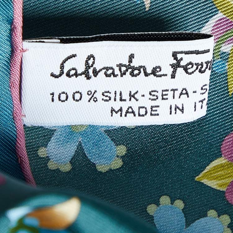 Pre Owned Salvatore Ferragamo Dark Green Printed Silk Square Scarf