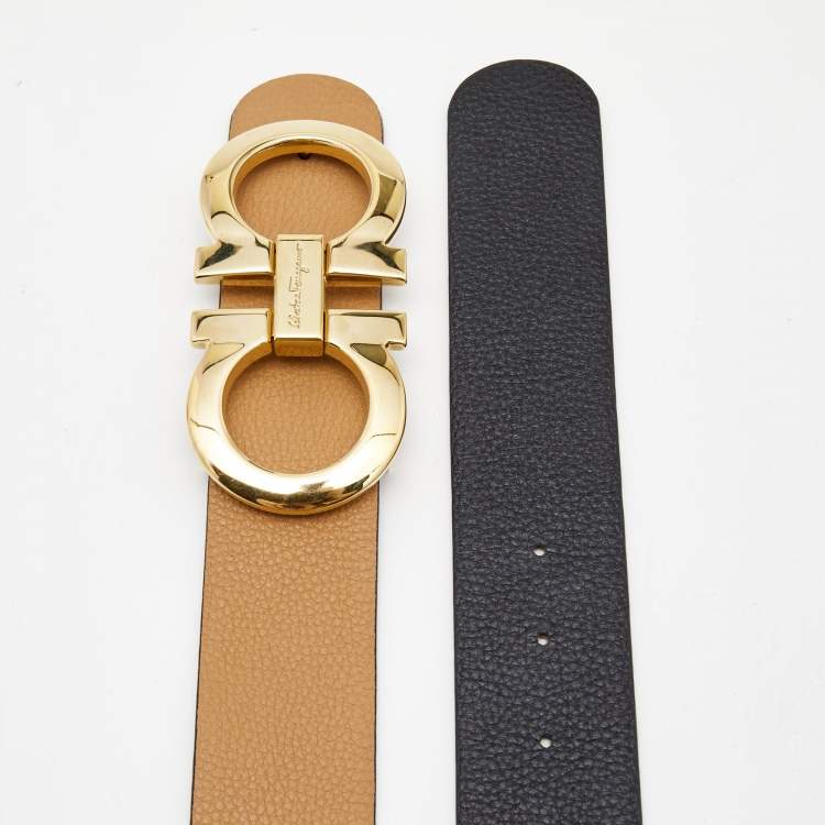 Pre Owned Salvatore Ferragamo Black/Brown Leather Gancio Reversible Belt 90CM
