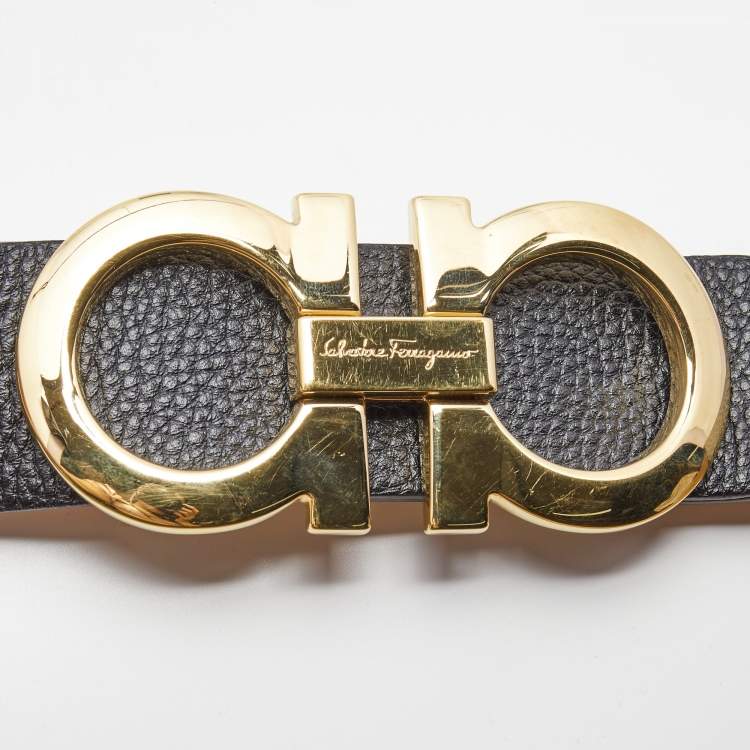Pre Owned Salvatore Ferragamo Black/Brown Leather Gancio Reversible Belt 90CM