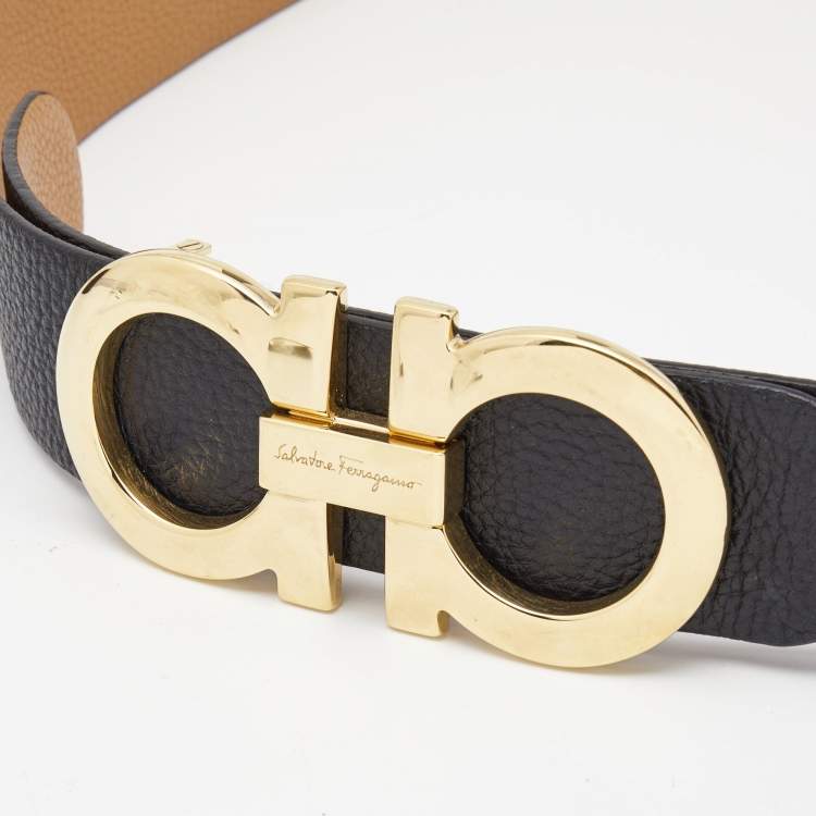 Pre Owned Salvatore Ferragamo Black/Brown Leather Gancio Reversible Belt 90CM