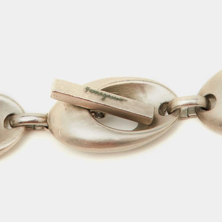Pre Owned Salvatore Ferragamo Silver Tone Oval Chain Link Toggle Necklace