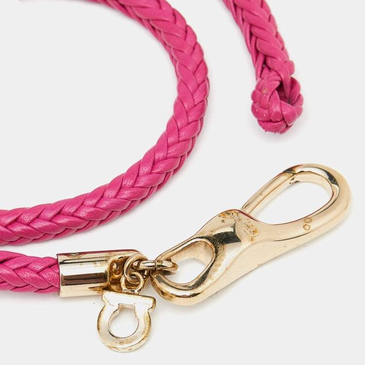 Pre Owned Salvatore Ferragamo Pink Braided Leather Gold Tone Wrap Bracelet