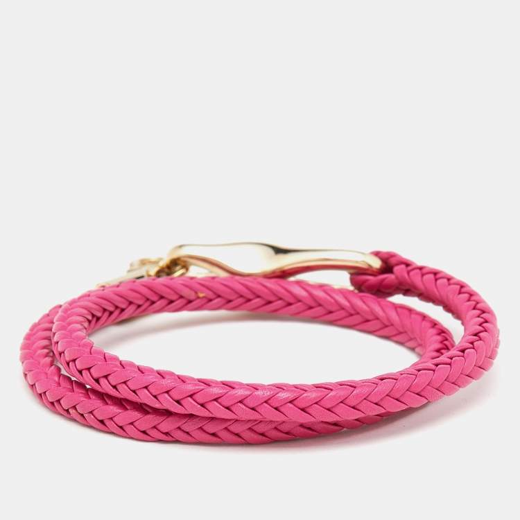 Pre Owned Salvatore Ferragamo Pink Braided Leather Gold Tone Wrap Bracelet