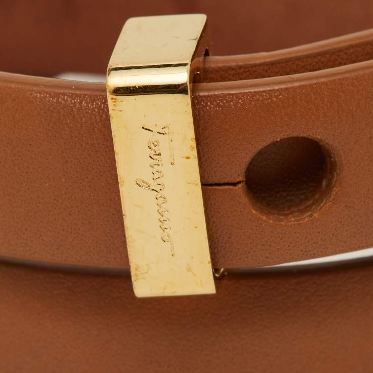 Pre Owned Salvatore Ferragamo Gold Tone Brown Leather Wrap Bracelet