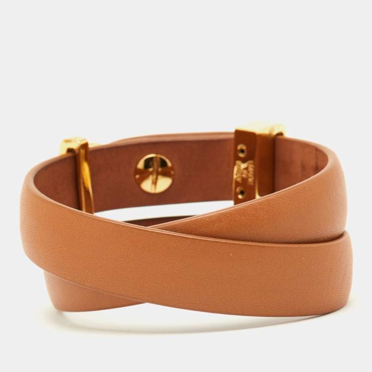 Pre Owned Salvatore Ferragamo Gold Tone Brown Leather Wrap Bracelet