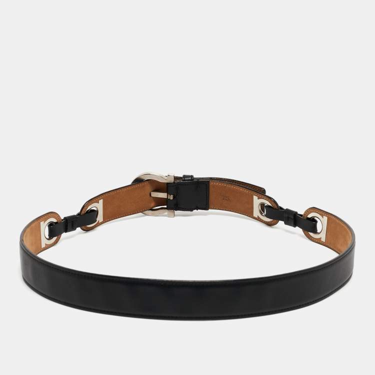 Pre Owned Salvatore Ferragamo Black Leather Gancini Buckle Belt 75CM