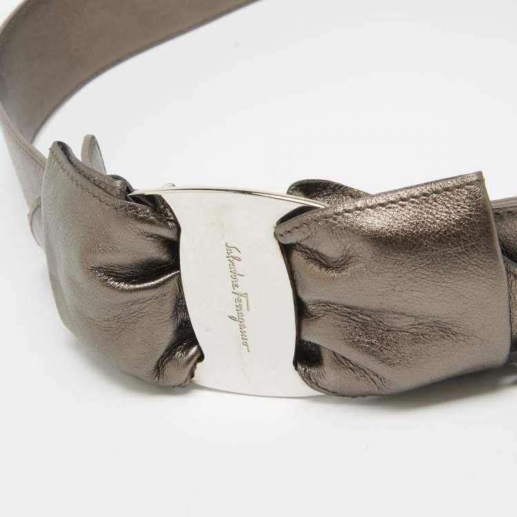 Pre Owned Salvatore Ferragamo Metallic Leather Logo Bow Waist Belt 85CM