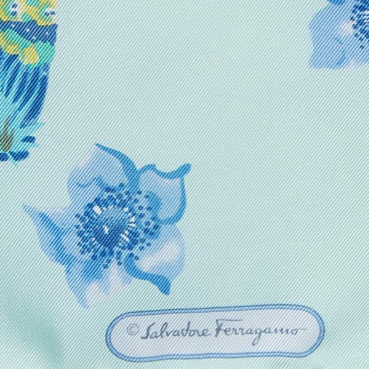 Pre Owned Salvatore Ferragamo Blue Floral Elephant Print Silk Square Scarf