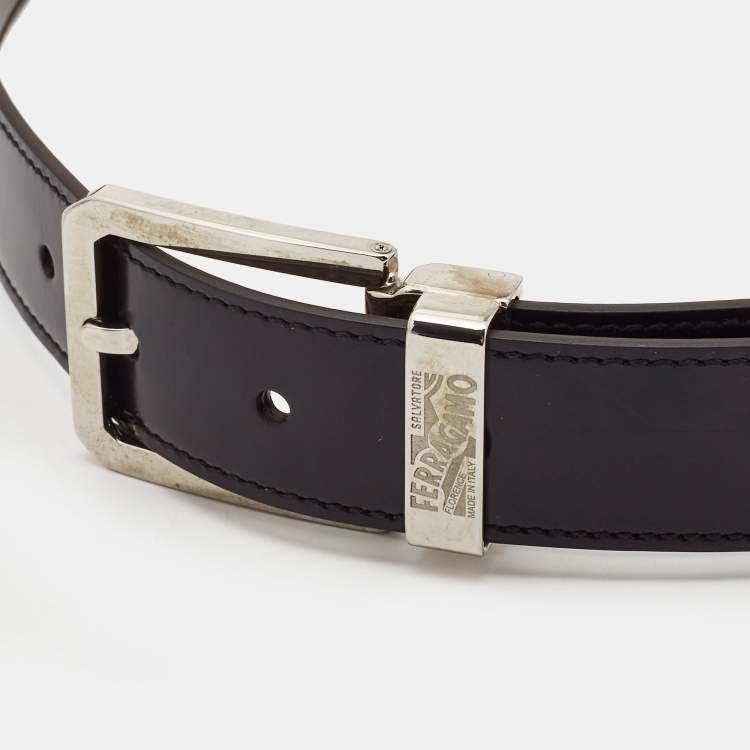 Pre Owned Salvatore Ferragamo Black/Brown Glossy Leather Cut to Size Reversible Belt 