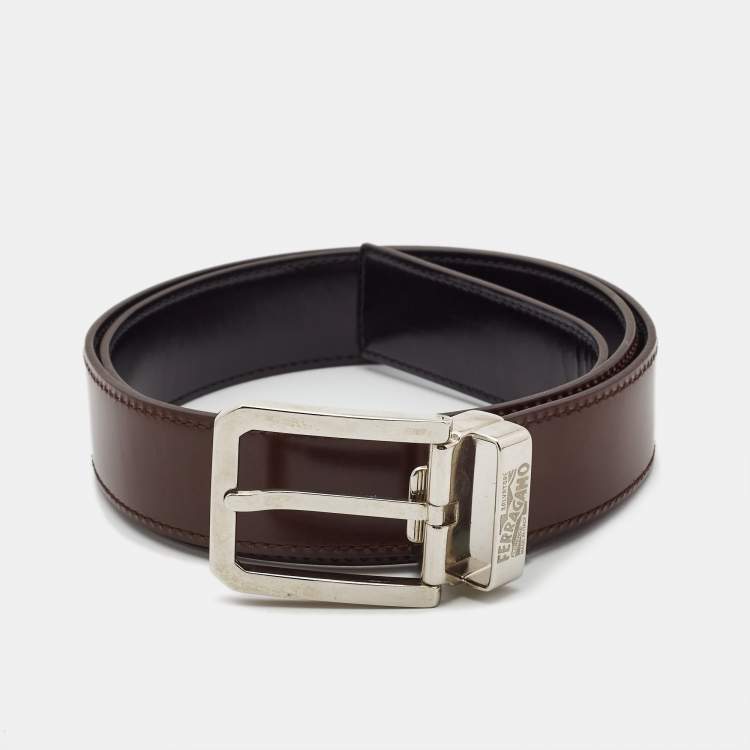 Pre Owned Salvatore Ferragamo Black/Brown Glossy Leather Cut to Size Reversible Belt 