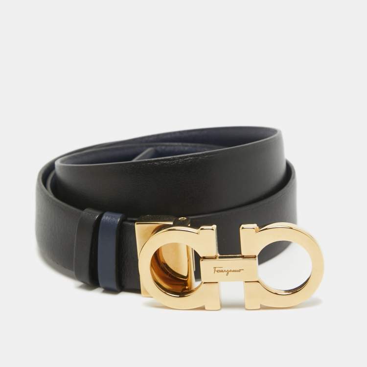Pre Owned Salvatore Ferragamo Navy Blue/Black Leather Gancini Cut to Size Belt