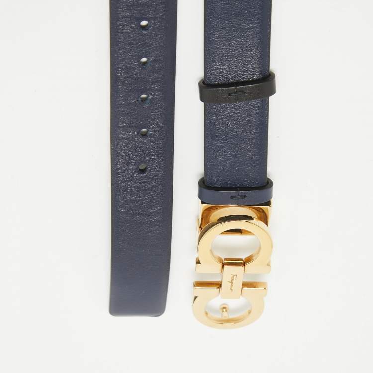 Pre Owned Salvatore Ferragamo Navy Blue/Black Leather Gancini Cut to Size Belt