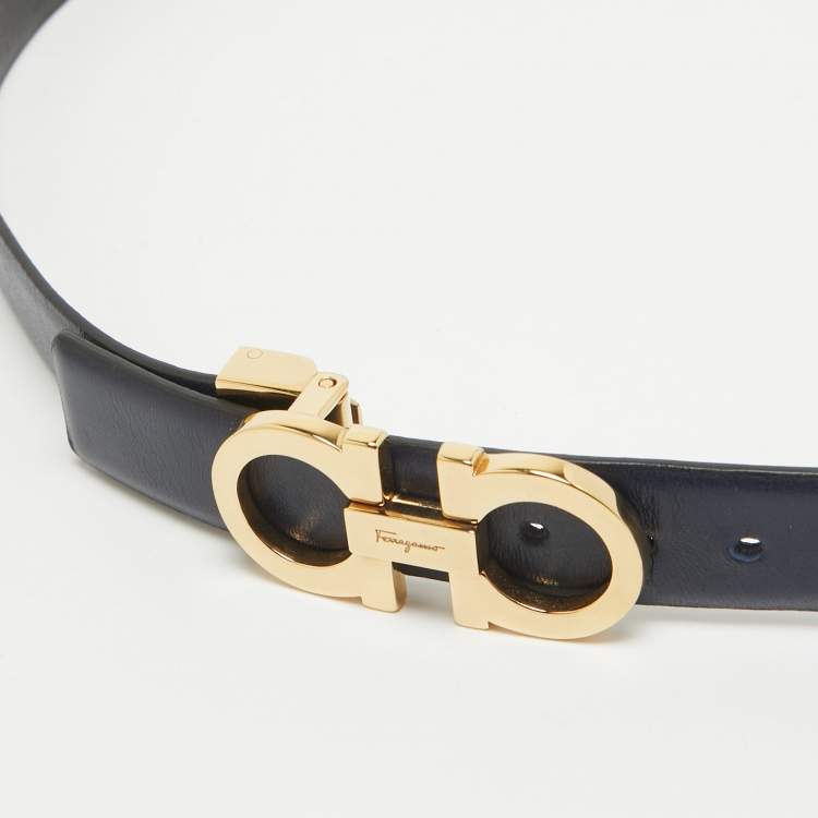 Pre Owned Salvatore Ferragamo Navy Blue/Black Leather Gancini Cut to Size Belt