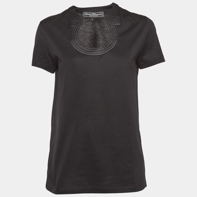 Pre Owned Salvatore Ferragamo Black Cotton Knit Gancini Patterned Neck T-Shirt S