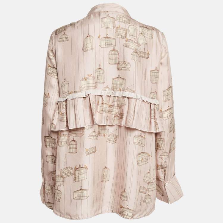 Pre Owned Salvatore Ferragamo Pink Bird Cage Print Silk Ruffled Shirt M