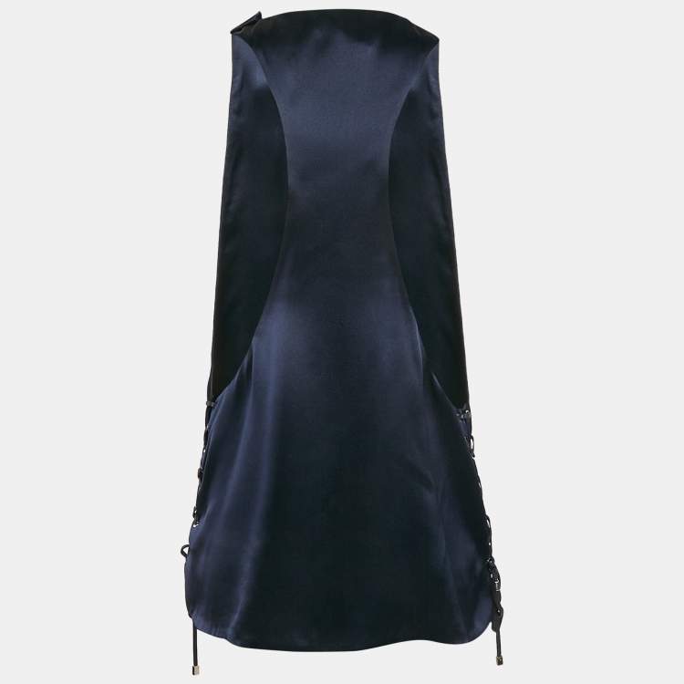Pre Owned Salvatore Ferragamo Navy Blue Satin Silk Lace-Up Detail Sleeveless Top L