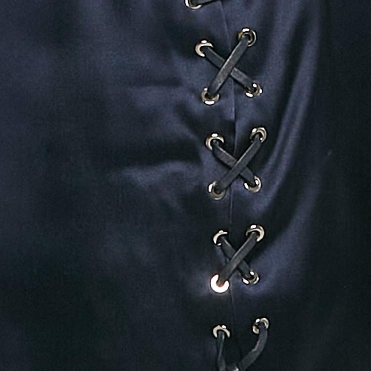 Pre Owned Salvatore Ferragamo Navy Blue Satin Silk Lace-Up Detail Sleeveless Top L