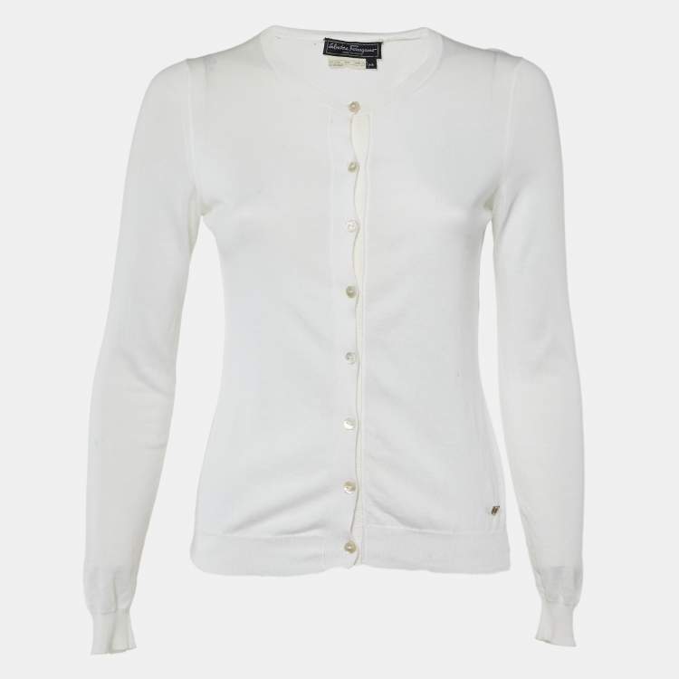 Pre Owned Salvatore Ferragamo Ivory Cotton Knit Button Front Cardigan XS 