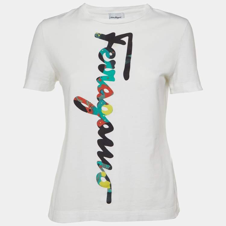 Pre Owned Salvatore Ferragamo White Logo Cotton Crewneck T-Shirt M