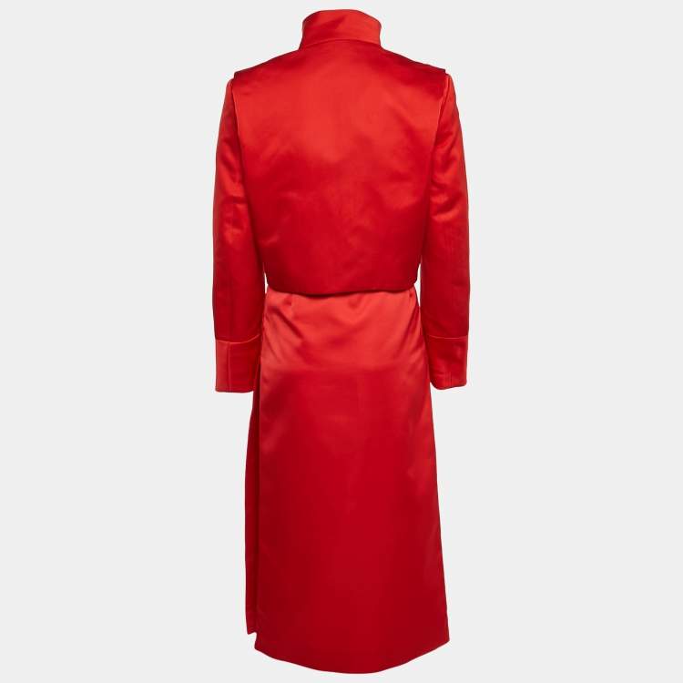 Pre Owned Salvatore Ferragamo Red Synthetic Zip-Up Jacket and Skirt Set M