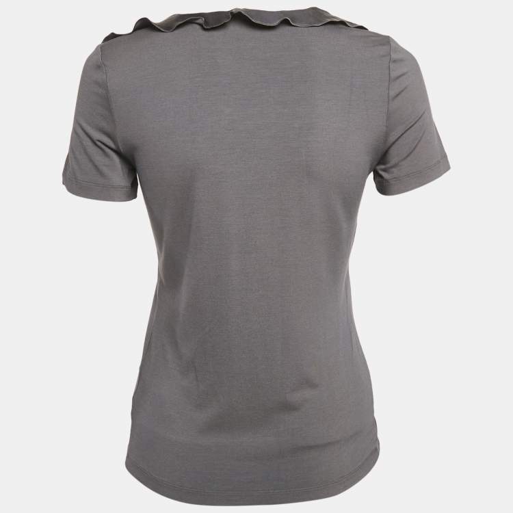 Pre Owned Salvatore Ferragamo Grey Knit & Silk Ruffle Neck Top L