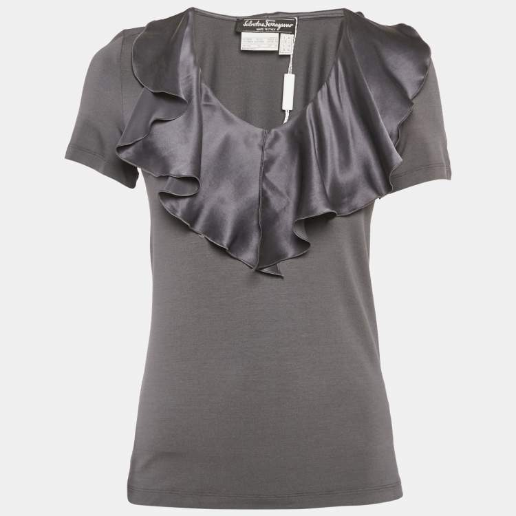 Pre Owned Salvatore Ferragamo Grey Knit & Silk Ruffle Neck Top L