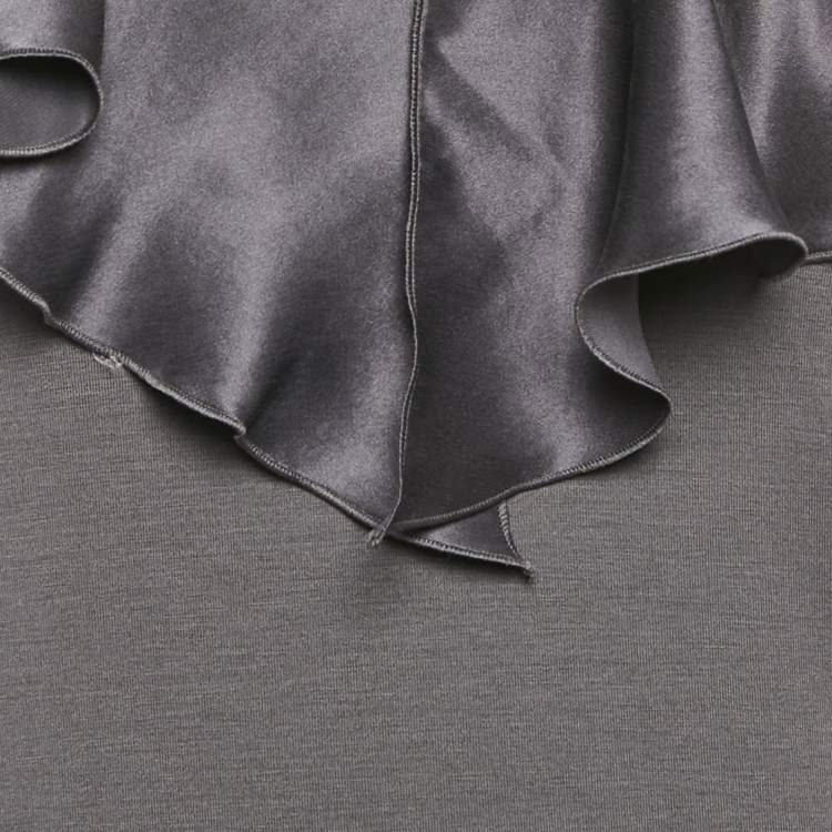 Pre Owned Salvatore Ferragamo Grey Knit & Silk Ruffle Neck Top L